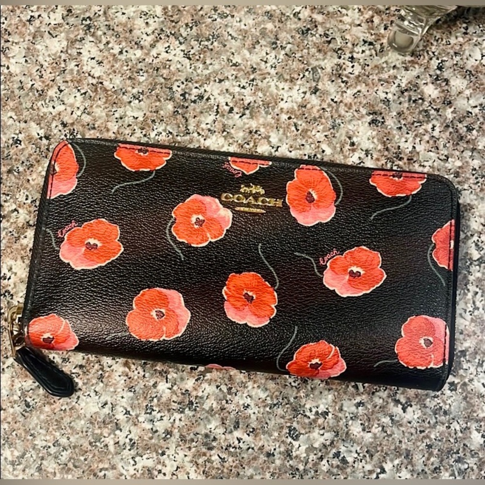 Coach Black Wallet with Red Floral Design